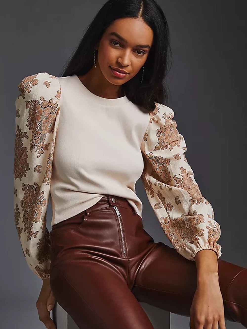 Anthropologie Dolan Left Coast Collection Lace Sleeve Ribbed Top